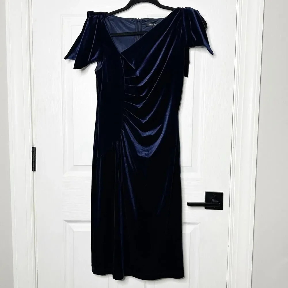 DAVID MEISTER Size 2 Navy Blue Velvet Cocktail Dress‎ Ruched Tie Shoulder